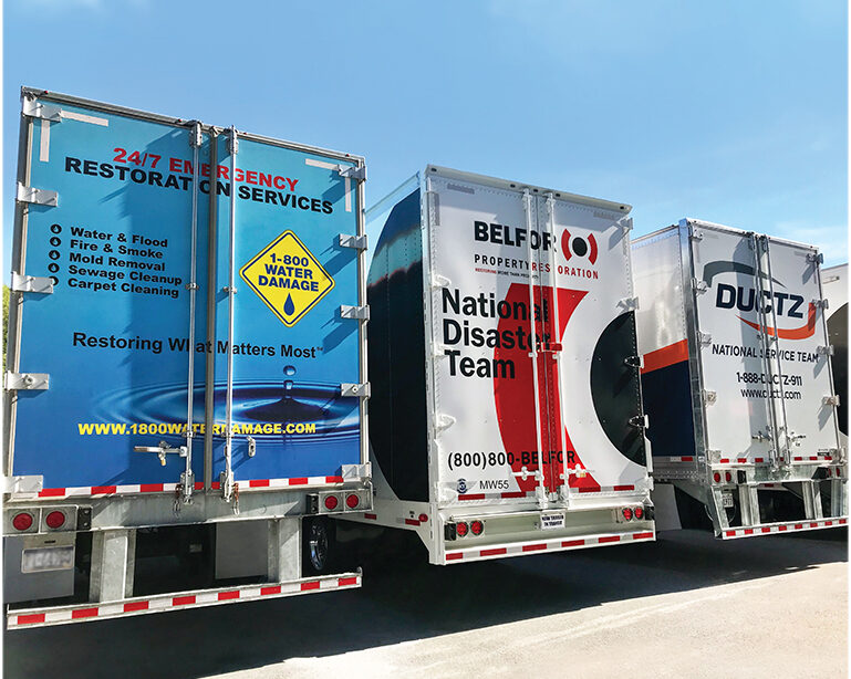 1-800 WATER DAMAGE, BELFOR Property Restoration, and DUCTZ tractor trailers best franchises to own